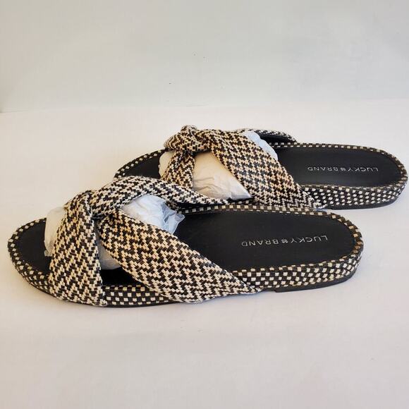 Lucky Brand Sandals Size 10 Fynna Woven Slide Leather Black White Boho - Picture 4 of 13
